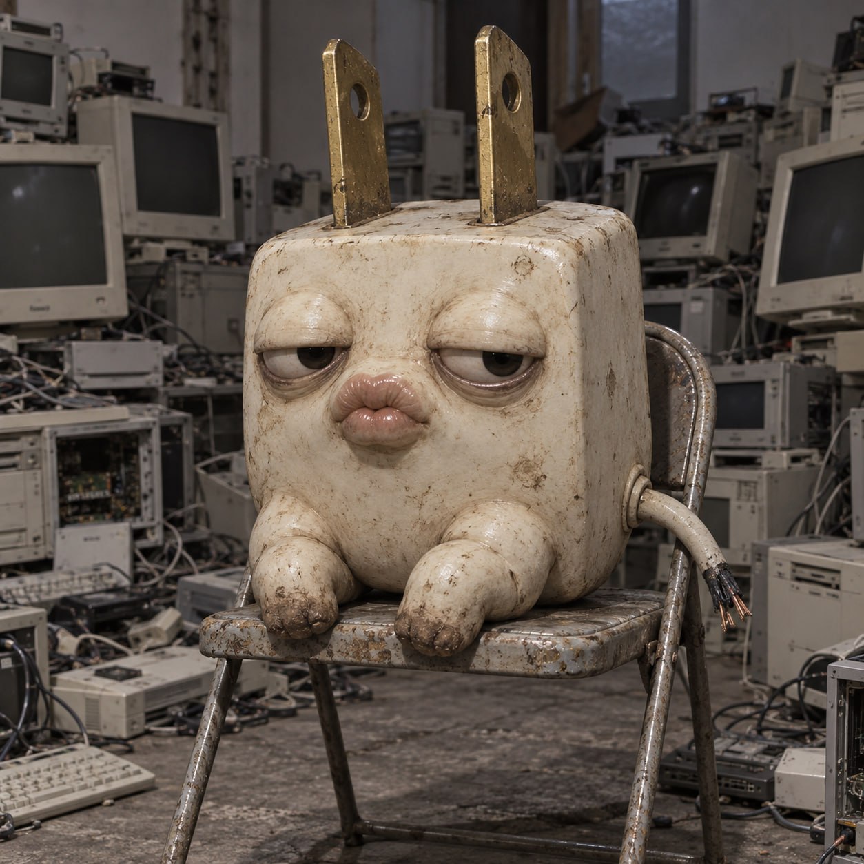 Burnie sitting on a rusty chair surrounded by old computers in a workshop